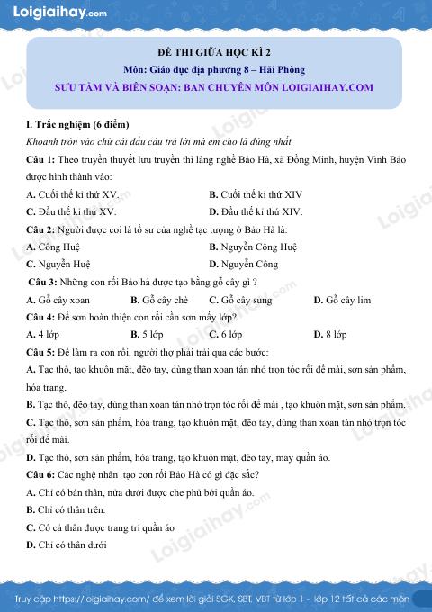 Đề thi giữa kì 2 GDĐP 8 Hải Phòng - loigiaihay.com